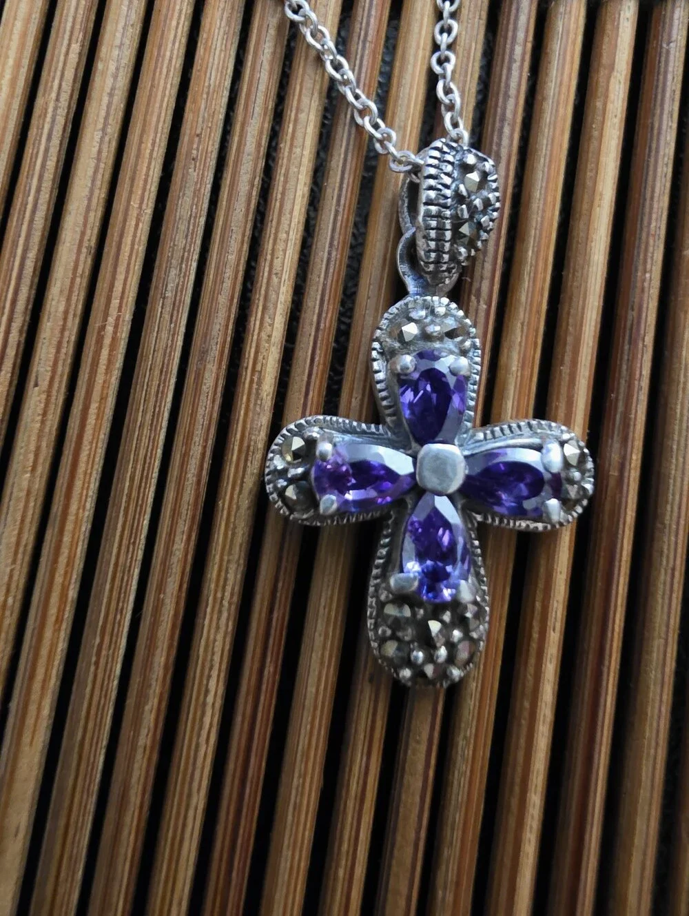 925 Silver Amethyst, Marcasite Chain Necklace (Vintage)